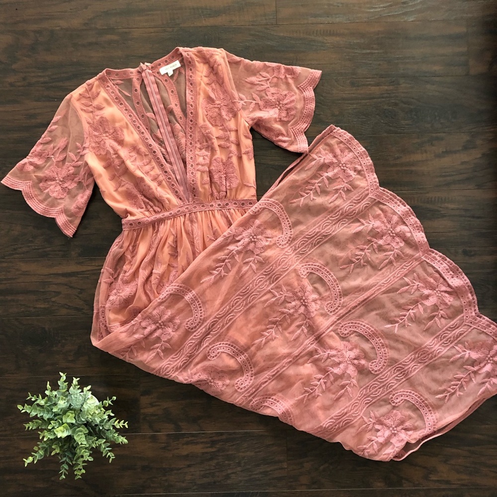 Honey Punch Romper with Lace Overlay in Mauve